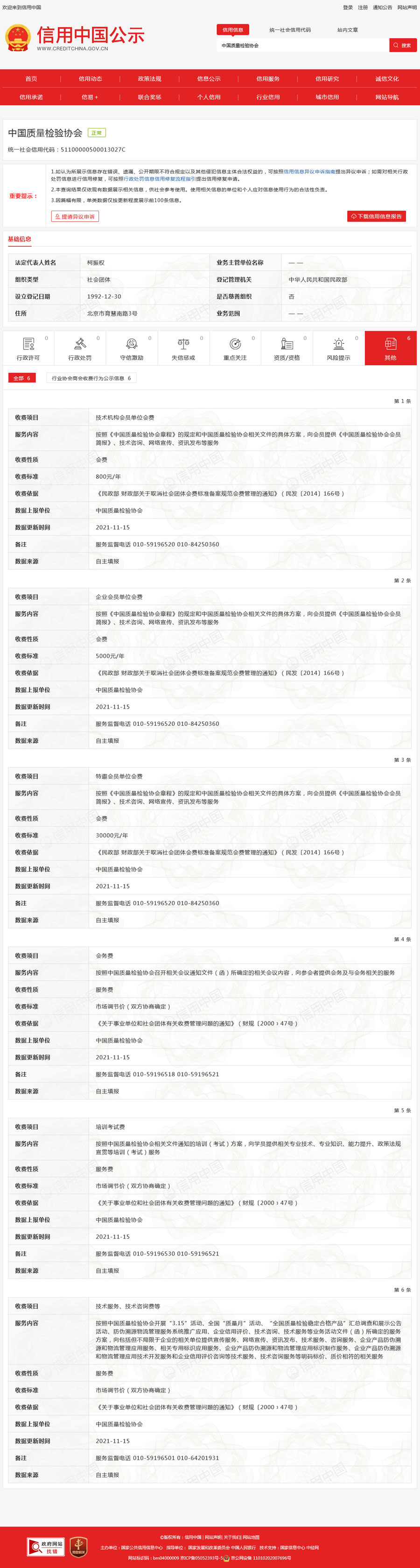 信用中國公示 中國質量檢驗協會統一社會信用代碼：51100000500013027C